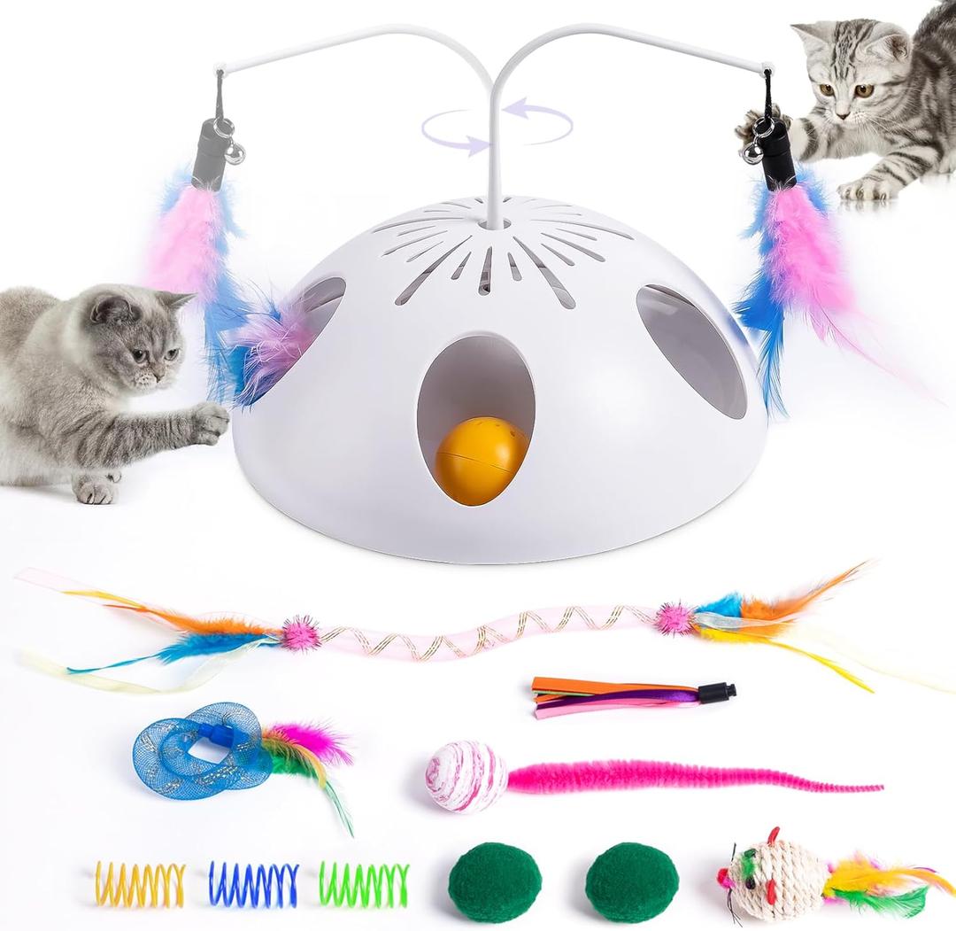 Cat Toys, Interactive Cat Toy for Indoor Cats, Automatic Interactive Kitten Toy, Fluttering Feather, Track Balls, Rotating Track Feather Enrichment Kitty Toys for Multi-cat Family (White)