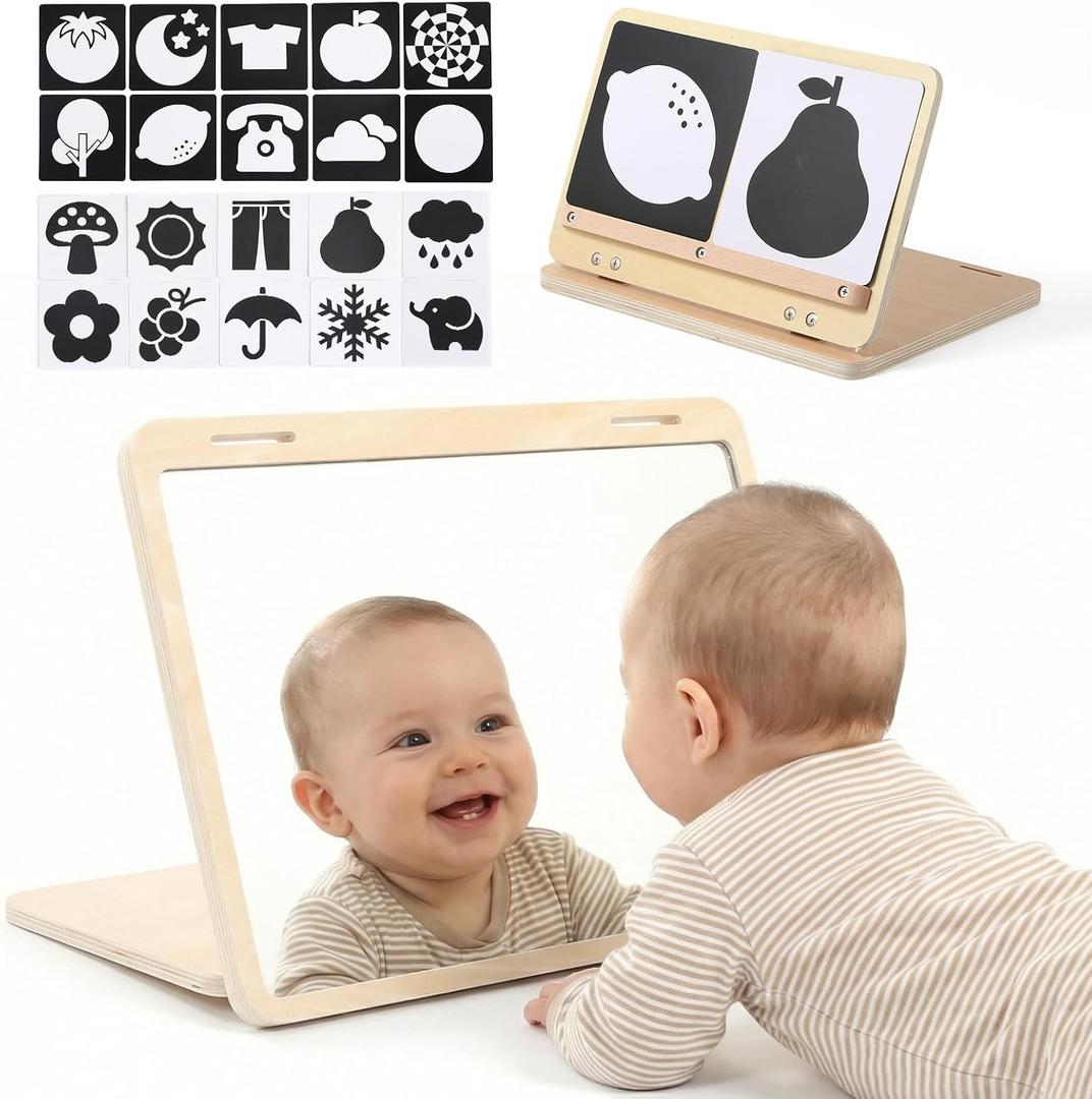 IEATFO Tummy Time Play Set Adjustable Angle, Double-Sided Design, Montessori Tummy Time Toys Large Baby Safe Mirror and Card Display Stand with Black and White High Contrast Baby Cards