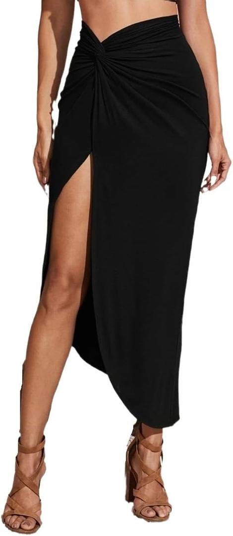 Women's Summer 2025 Fashion Trendy Skirt Sexy Slit Thigh Solid Color Long Skirt, Black, Medium 