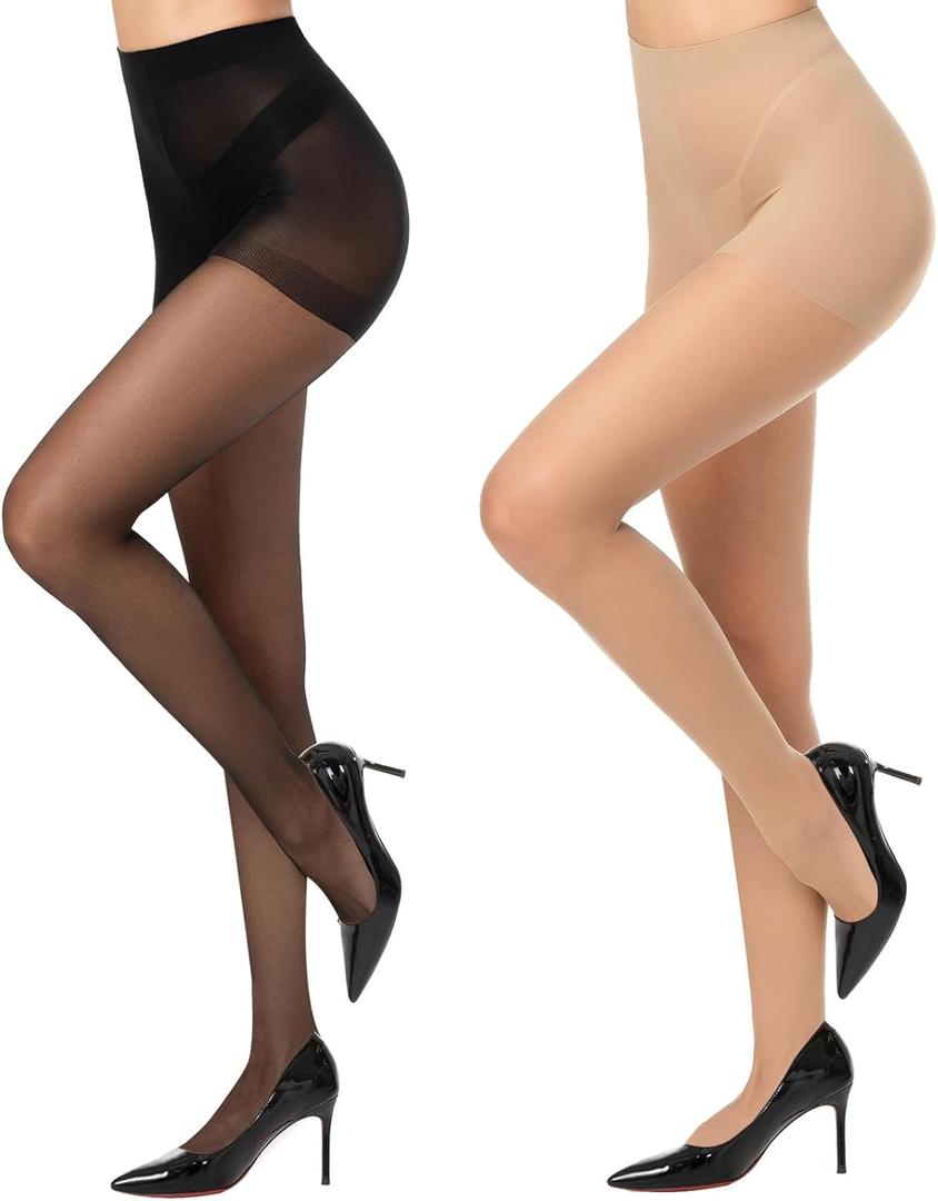 2 Pairs Black Sheer Tights for Women 15D Not Rip Control Top Pantyhose High Waist With Reinforced Toes (X-Large)