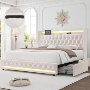 HIFIT King LED Bed Frame with Charging Station and 4 Storage Drawers, Velvet Upholstered Platform Bed with Handcrafted Crystal Button Wingback Headboard, Metal Frame with No Box Spring Needed, Beige (White)
