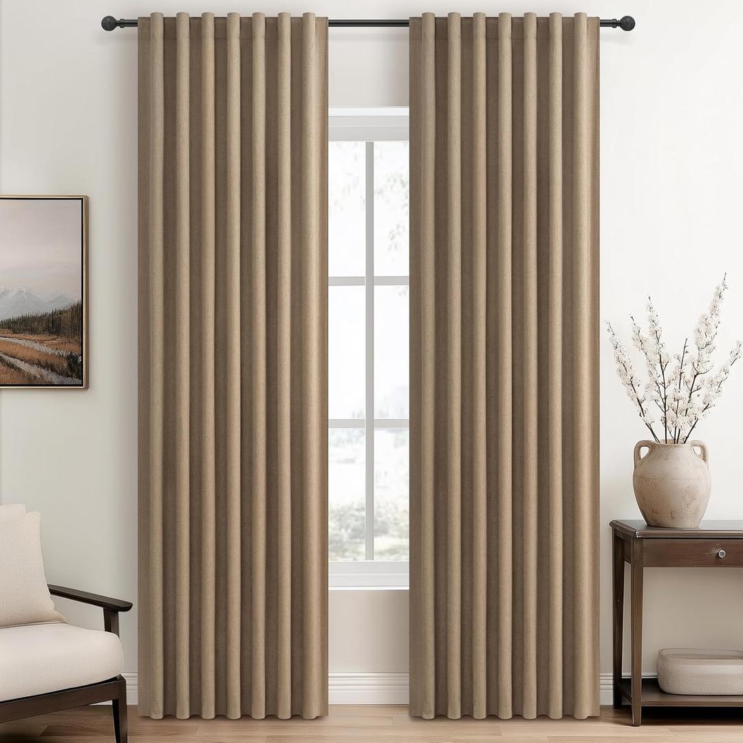 100% Blackout Curtains 84 Inch Length 2 Panels Set Farmhouse Style for Bedroom Windows/Living Room Thermal Insulated Neutral Boho Drapes Linen Blend Chocolate RustBrown 7ft Long Hook Belt Pleated