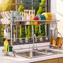 Over The Sink Dish Drying Rack, Expandable Width & Height Dish Rack, 1-Tier Low Profile — Silver