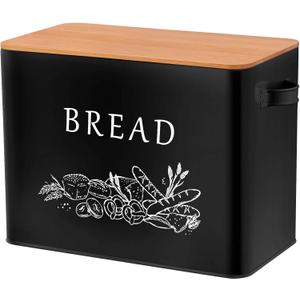 TeamFar Bread Box with Wooden Lid, 13.1 x 7.2 x 9.7 Metal Bread Container Storage Holder for Family Farmhouse Kitchen Countertop, Powder-Coated & Healthy, Large Capacity & Classic Pattern (Black)
