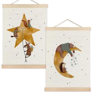 RYYCDOI Nursery Wall Decor, Whimsical Star Moon Nursery Wall Art Poster, Celestial Wall Decor, Cute Animal Nursery Wall Decor for Kids Baby Boy Girl Room Playroom, 12x16 Inches Set of 2
