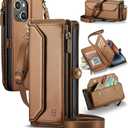 Wallet Case Compatible with iPhone 14 RFID Blocking 7-Card Holder Soft PU Leather Magnetic Snap Shoulder Strap Zipper Pocket Phone Case Fit for iPhone 14 for Women 6.1" - Brown