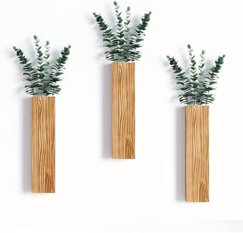 3 Pack Wooden Wall Planters，Modern Farmhouse Wood Vases Plants Wall Decor for Living Room, Bedroom, Bathroom (Brown)