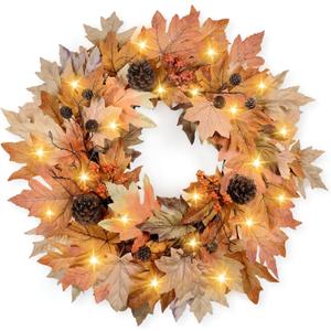 22 Inch Fall Wreaths for Front Door Outside Timer Function Pinecones Berries Autumn Fall Wreaths with 30 Warm Lights Decorations for Home Wall Porch Door Yard Harvest Mantle Fireplace Window Decor (Fall Orange-245)