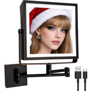 Ruacq Rechargeable Wall Mounted Makeup Mirror with Lights, Double Sided 1X/10X Magnifying Vanity Mirror with 3 Color Lights, Touch Screen Dimmable, 360 Rotation Foldable Arm (Oil Rubbed Bronze)