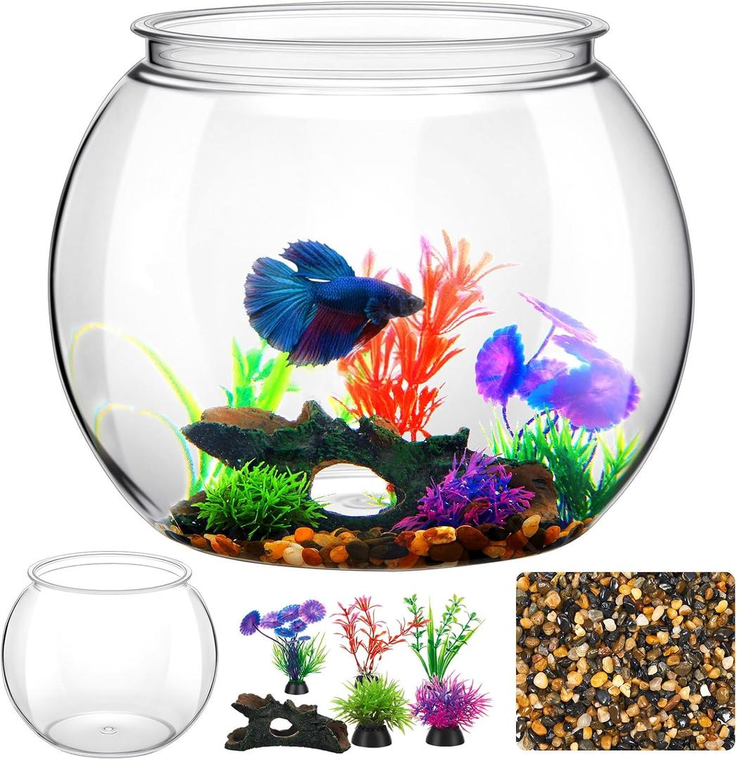 3 Gallon Plastic Betta Fish Bowl with 6 Pcs Artificial Plastic Plants and 500g Decorative Gravel, Betta Fish Tank and Decoration Accessories Small Large Bowl Ornaments Starter Kit