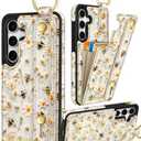Petitian for Samsung Galaxy A35 5G Case with Wallet - Women Girls Cute Girly Aesthetic Unique Design Leather Credit Card Holder Cardholder Stand Wristband for Galaxy A35 5G, Flower