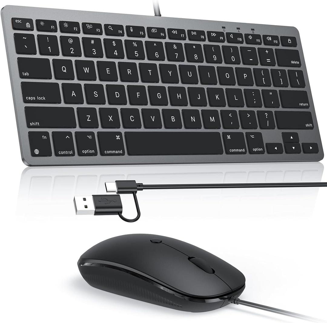 OMOTON Wired Keyboard and Mouse Compatible with Mac, Keyboard with Dual Interface (Type-C and USB A), Mouse with USB A Interface for MacBook Pro/Air, iMac, Mac mini/Pro, Black Grey