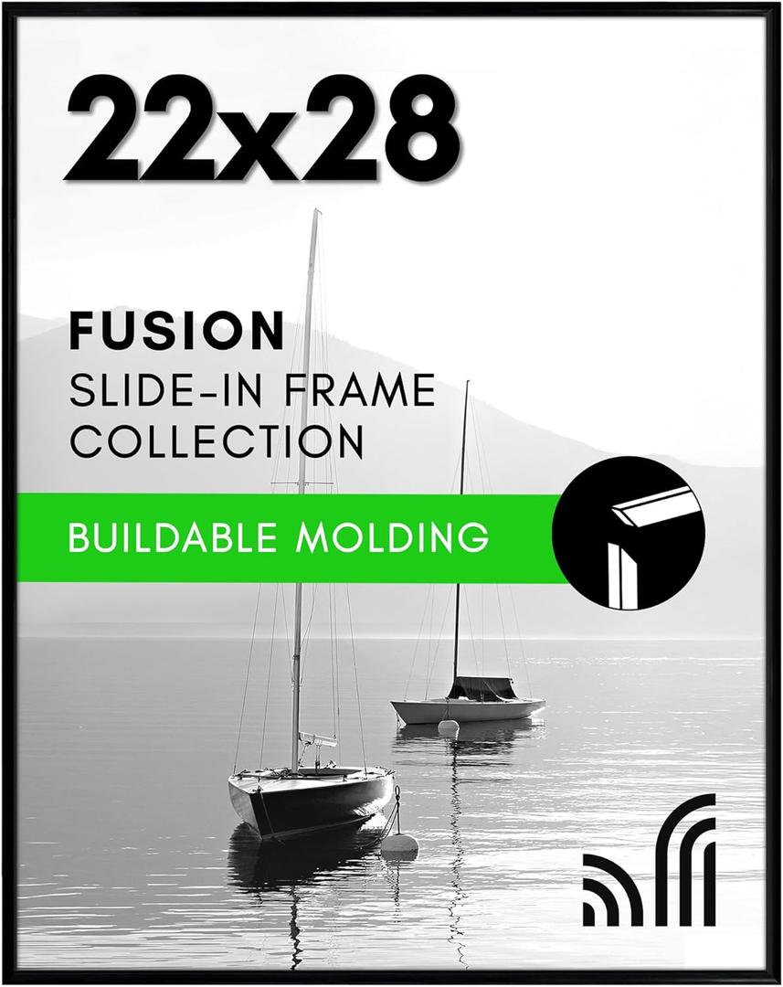 Americanflat 22x28 Poster Frame with Polished Front Cover - Slide-In Photo Frame with Buildable Molding - Fusion Collection - Picture Frames for Wall Display - Black