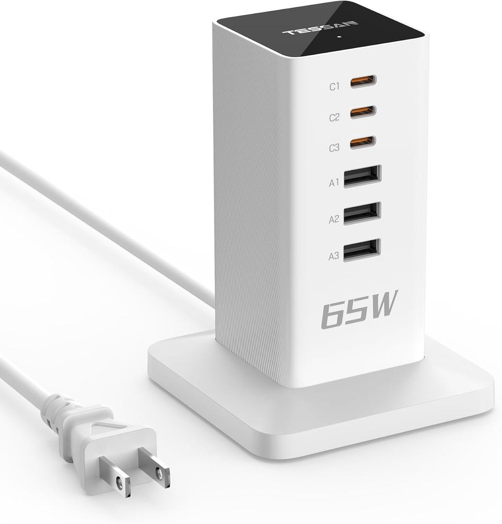 Charging Station for Multiple Devices 65W, TESSAN Charger Block with 3 USB-A and 3 USB C Ports, Desktop Charging Hub for iphone15/16, MacBook, Earphone, Home Office Accessories (White)