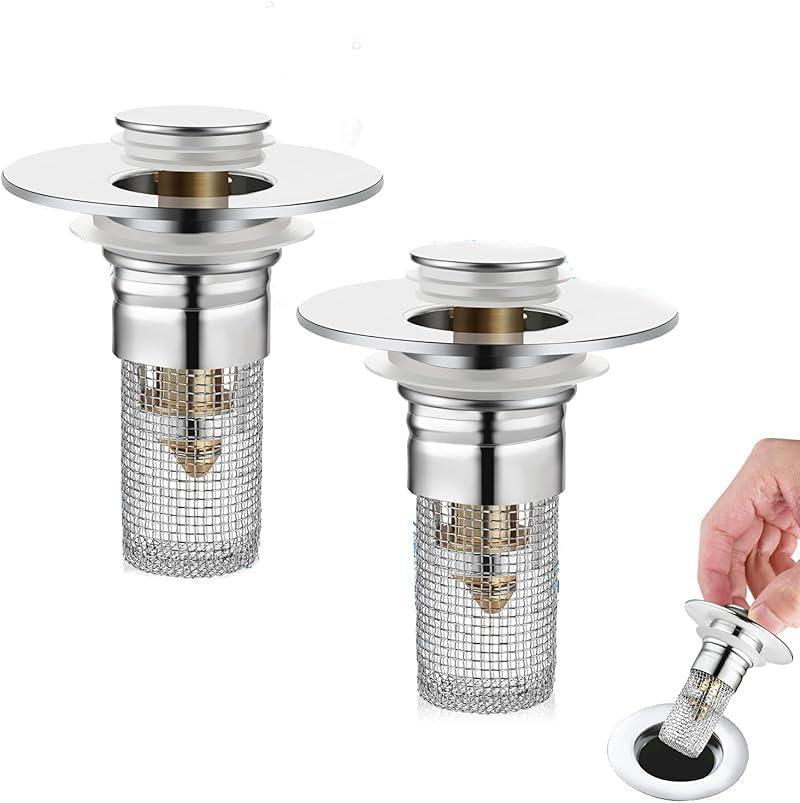 Bathroom Sink Stopper Hair Catcher, Universal Drain Filter with Hair Strainer, Universal Bathroom Sink Drain Pop Up Stopper for US Stainless Steel Floor Drain Filter (2 PCS)