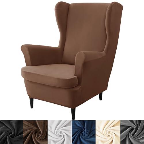HFCNMY Wingback Chair Covers, 2 Piece Stretch Velvet Wingback Chair Slipcover-Thick Wing Back Chair Covers with Arms-Wing Chair Slipcover-Wing Back Chair Slipcovers with Elastic Bottom Coffee