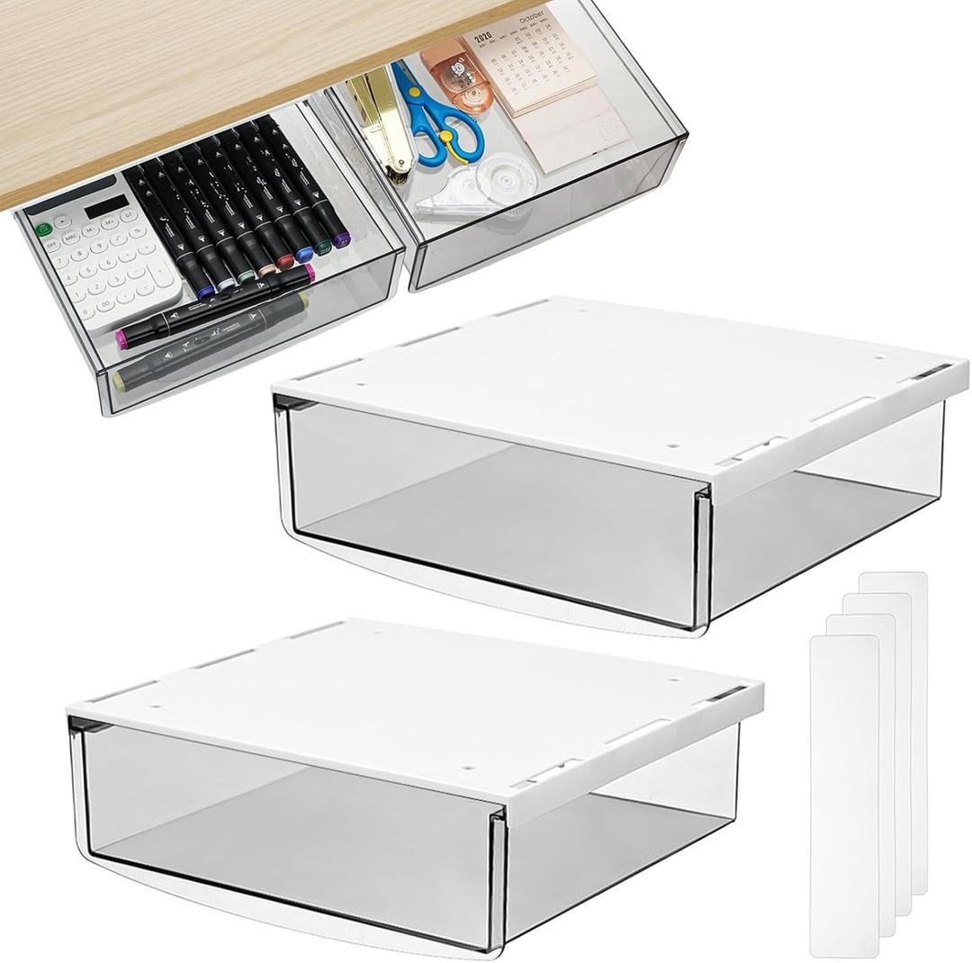 SOUJOY 2 Pack Self-adhesive Under Desk Drawer, Hidden Slide Out Organizer Tray, Plastic Under Table Attachable Hidden Storage Organizer for Office Home School Kitchen Sewing Table