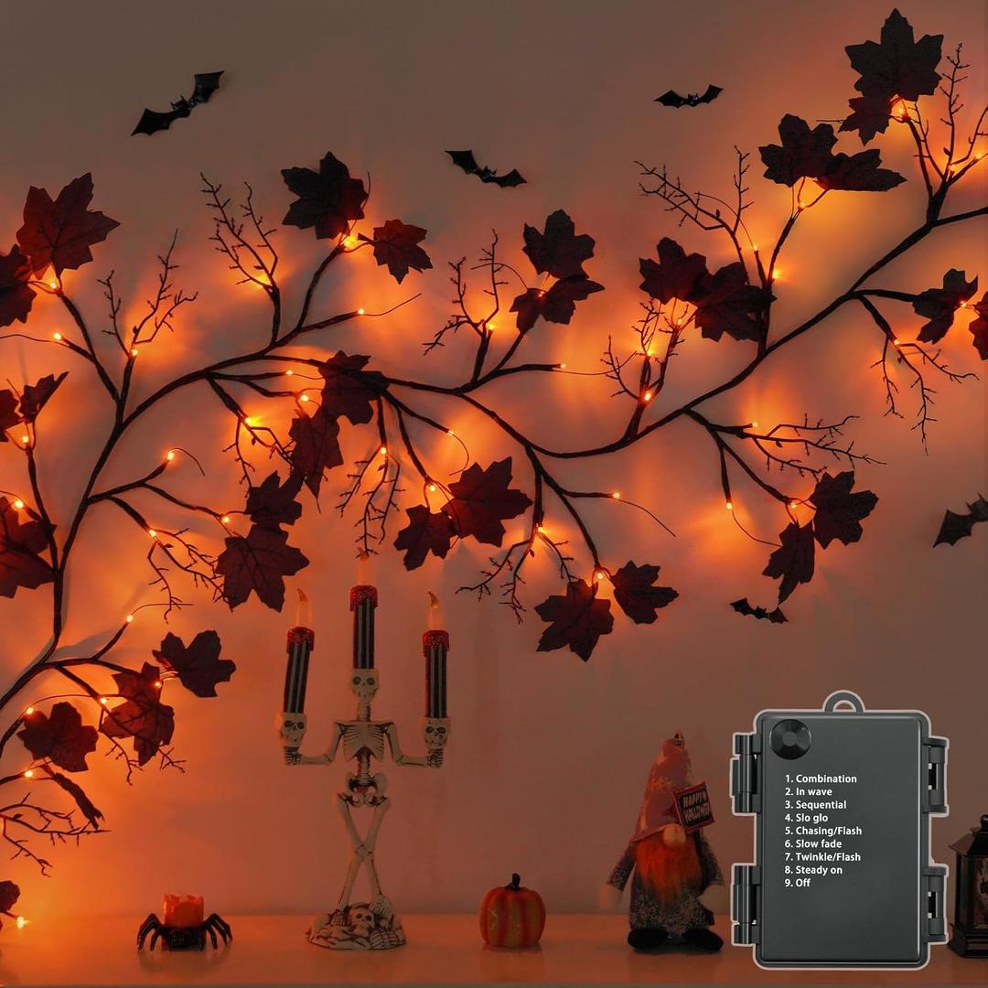 Ciyvotom 9 FT 72 LED Halloween Garland Willow Vine Twig Decor with Orange Lights and Dead Branches Black Leaves -Battery Operated for Indoor Wall Fireplace Halloween Decorations