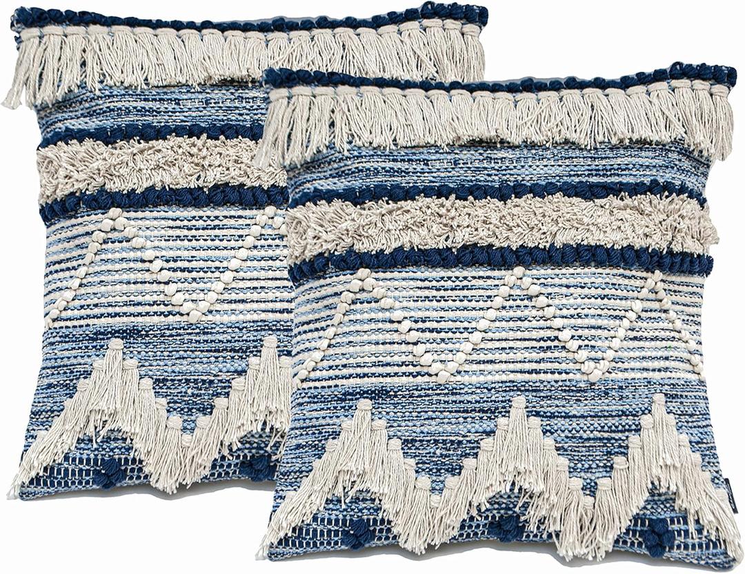 Chardin home Montego Farmhouse Decorative Throw Pillow Covers (Set of 2). Boho Soft Warm Cotton Woven Square Pillow Cover 18x18 for Couch Sofa Bedroom, Blue/Off-White