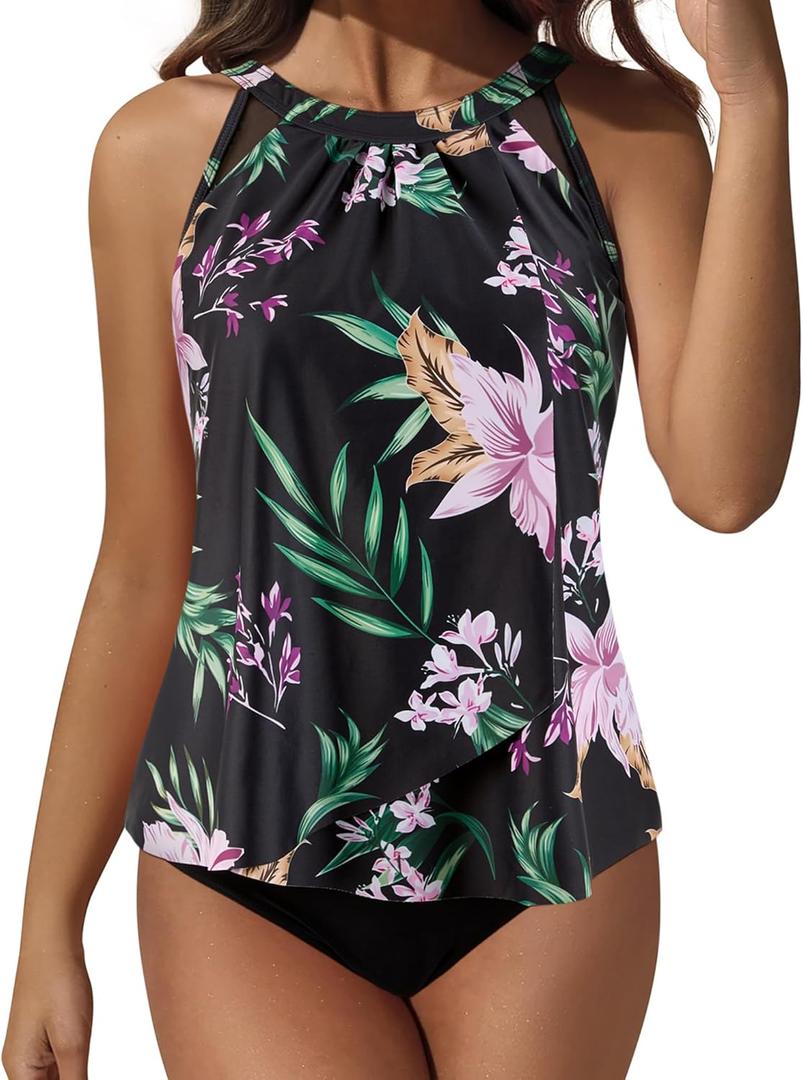 SUUKSESS Women Slimming Tummy Control Tankini Bathing Suits Ruffle High Waisted High Neck 2 Piece Swimsuits(Tropical Floral Black, L)
