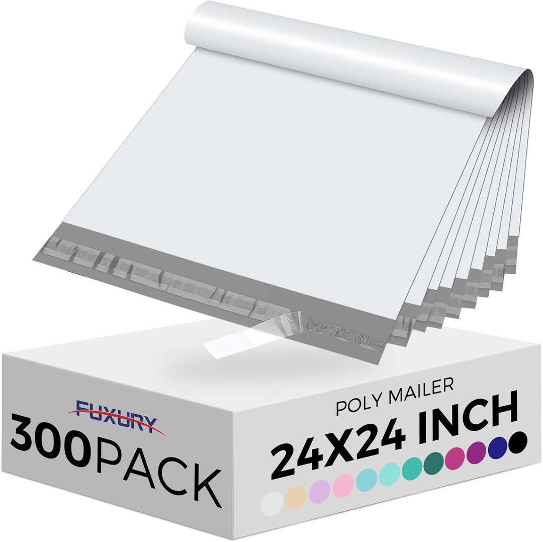 Fuxury 300 Pcs Large Poly Mailers 24x24 Inch, Bulk Shipping Bags for Clothing, Strong Adhesive Shipping Envelopes for Small Business Suppliers, Waterproof Mailers Poly Bags Mailing Envelopes White