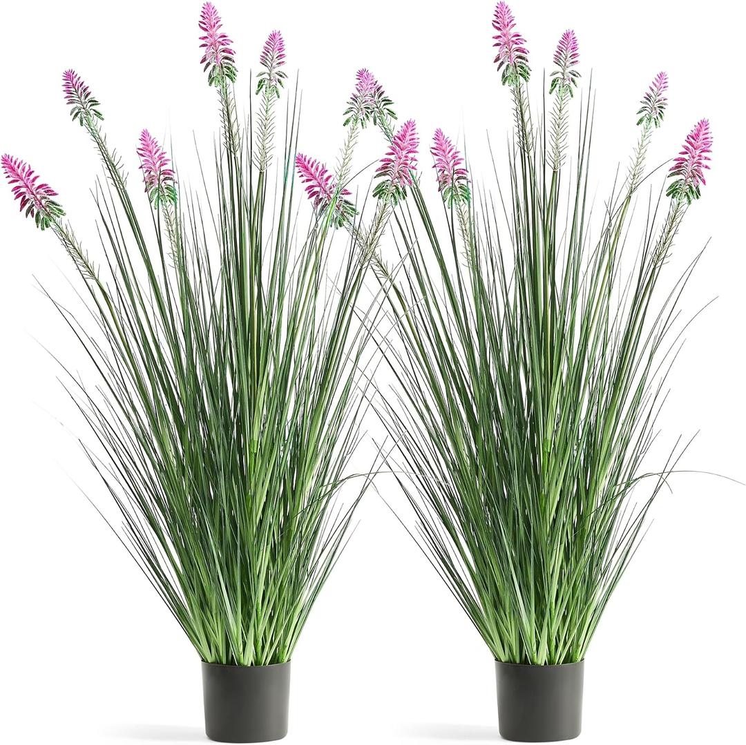 FloraFairy 4ft 2-Pack Horsetail Reed Grass with Purple Cockscomb Flower, 48in Tall Indoor Outdoor Green Onions Fake Plants in Pot, Home Office Decorative Artificial Plant & Greenery, Wedding Dcor