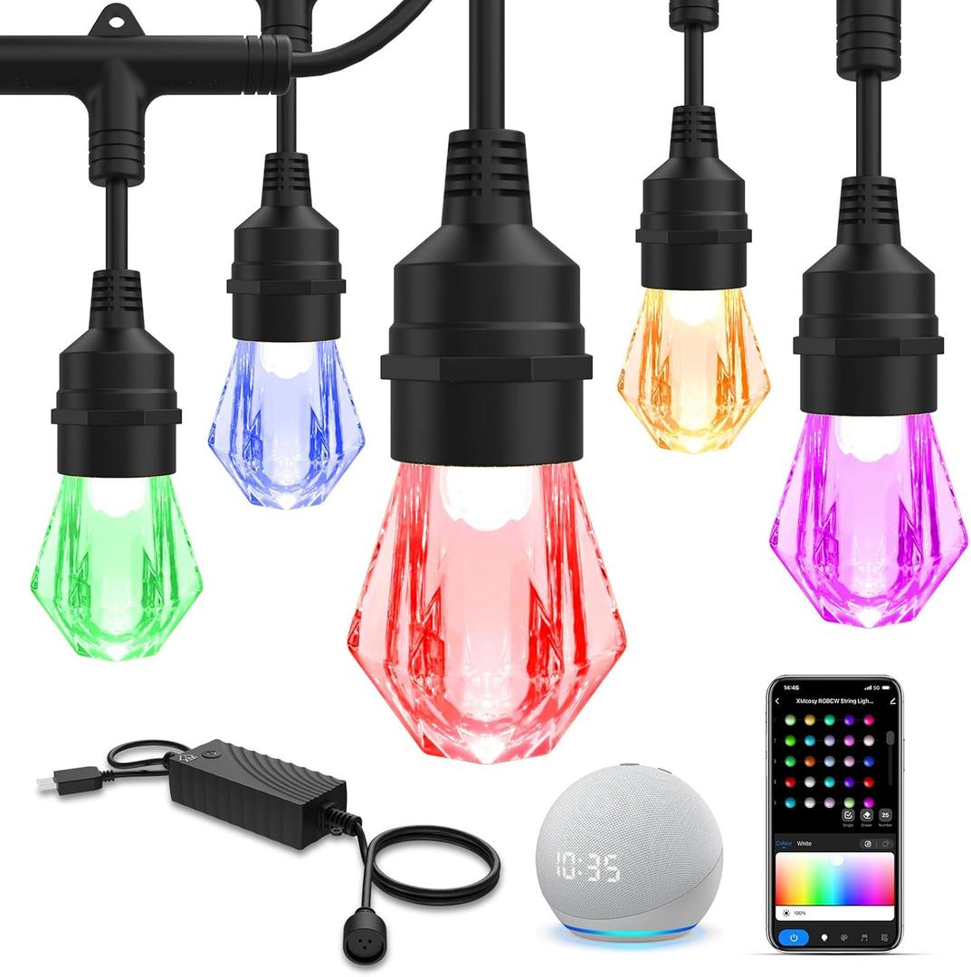 XMCOSY+ Smart Outdoor String Lights - 64ft RGBCWIC Patio Lights with 24 Color Changing Bulbs, LED String Light for Outside Backyard Bistro Party, APP WiFi Control, Work with Alexa, IP65 Waterproof (64Ft)