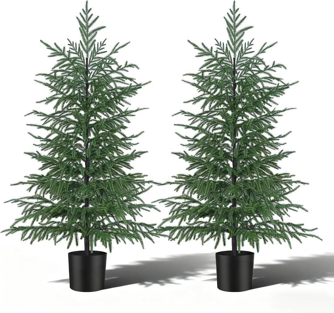 4FT Artificial Norfolk Pine Tree, 2pc Artificial Christmas Tree Faux Potted Plants for Front Porch Christmas Indoor Outdoor Decor