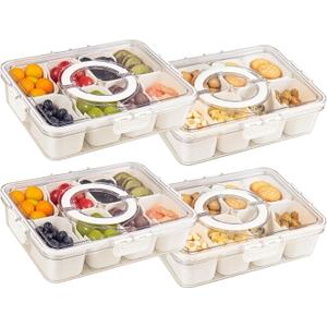 4 Packs Snackle Box Container with 8 Compartments, Clear Divided Serving Tray with Lid and Handle, Snack Bento Box for Charcuterie, Candy, Fruits, Nuts, Picnic, Travel, Beige