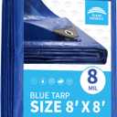 Blue Tarp 8x8 Feet 8 Mil, UV Resistant, Durable, Multipurpose Waterproof Poly Tarp Cover with Metal Grommets and Reinforced Edges by RAINDEWAY