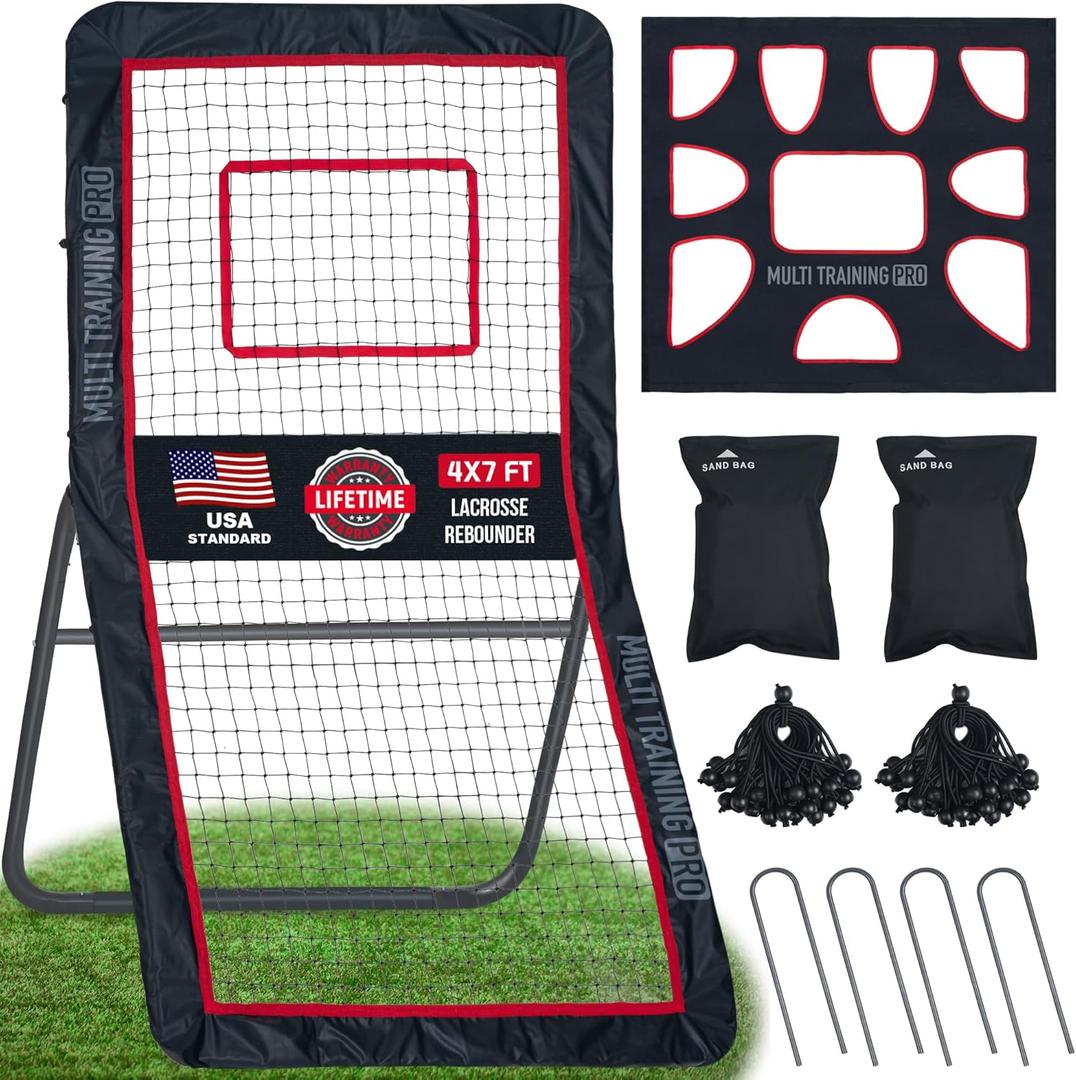 Heavy-Duty Lacrosse Rebounder for Backyard 4x7 ft Volleyball Rebounder Net Bounce Back with Adjustable Angles (Red)