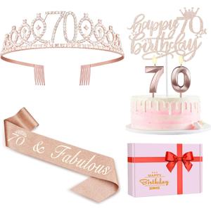 70th Birthday Decorations for Women, Including Sash, Crown/Tiara, Candles, Cake Topper, 70th Birthday Gifts for Women