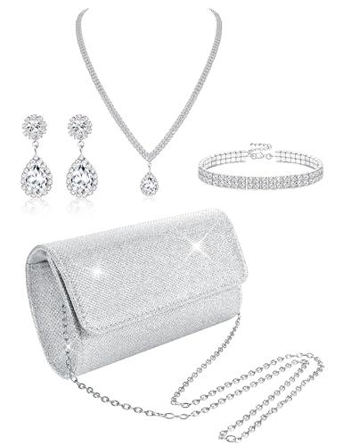Subiceto 4Pcs Silver Clutch Purse Jewelry Set for Women Evening Rhinestone Purse Crystal Necklace Earrings Bracelets Set Silver Accessories for Women Bride Wedding Jewelry Lightweight Teardrop