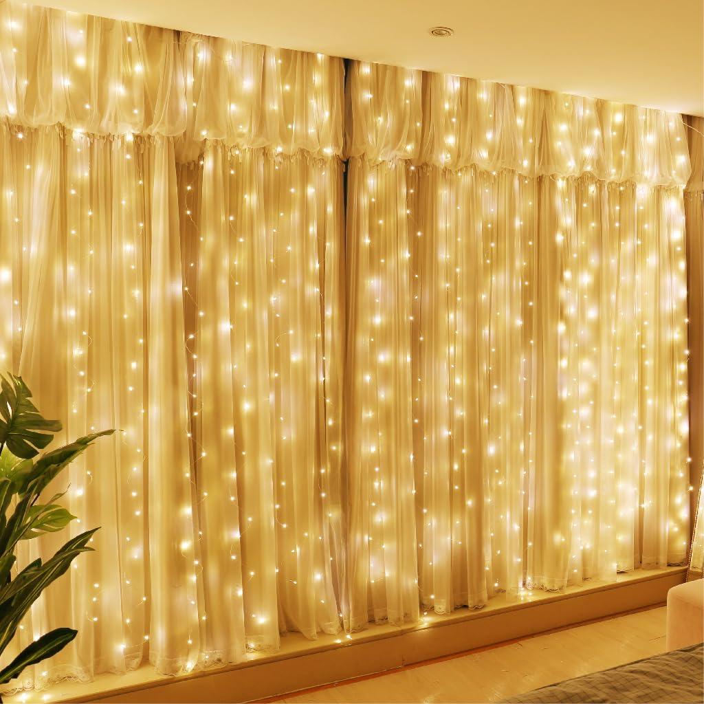 HXWEIYE 300LED Fairy Curtain Lights, 9.8x9.8Ft USB Plug-in 8 Modes Christmas String Hanging Lights with Remote for Bedroom Backdrop Wedding Indoor Wall Decor, Warm White, Standard  1 Pack