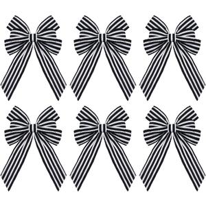 Xinnun 6 Pcs Burlap Bows Knot Handmade Ribbon Bows Natural Rustic Burlap Wreath Decorative Bowknot Ornament for Tree Decorate Festival Holiday Party Supplies(Striped Style,Black, White)