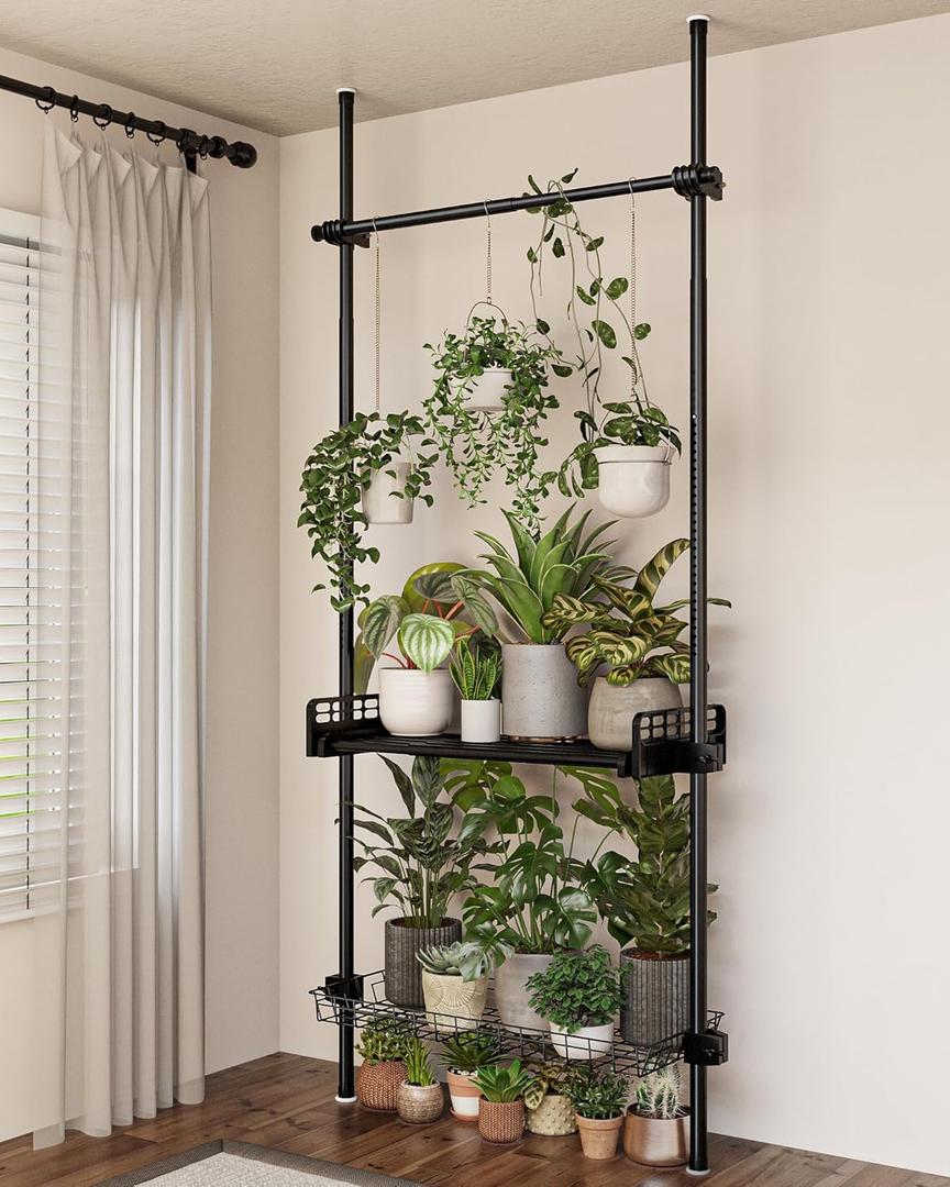 Bamworld Tension Rod Plant Stand Adjustable Hanging Plant Shelf Indoor Tall Plant Pole Stand Floor to Ceiling Pole for Living Room Bedroom Flower Holder For Multiple Plant Pots Display Black
