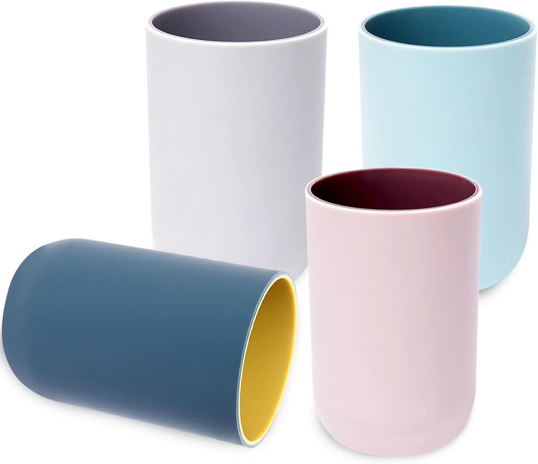 Bathroom Cups, Unbreakable Reusable Drinking Cups Set of 4 Colors Plastic Toothbrush Holder Tumbler 330ml Dishwasher Safe