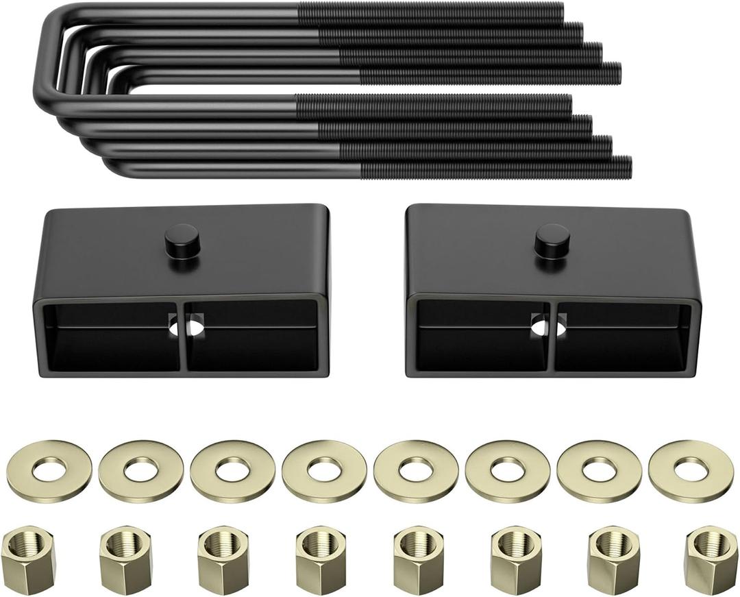 Richeer 2'' Rear Leveling Lift Block Kit Compatible with 1999-2024 Silverado 1500 2WD/4WD,1999-2024 Sierra 1500 2WD/4WD, 2 inch Black Leveling Lift Block Extended Square U-Bolts