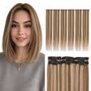 Elailite Clip in Hair Extensions Real Human Hair 6PCS Lace Weft Remy Hairpieces for Women Adding Volume 16 Inch Medium Brown & Dark Blonde