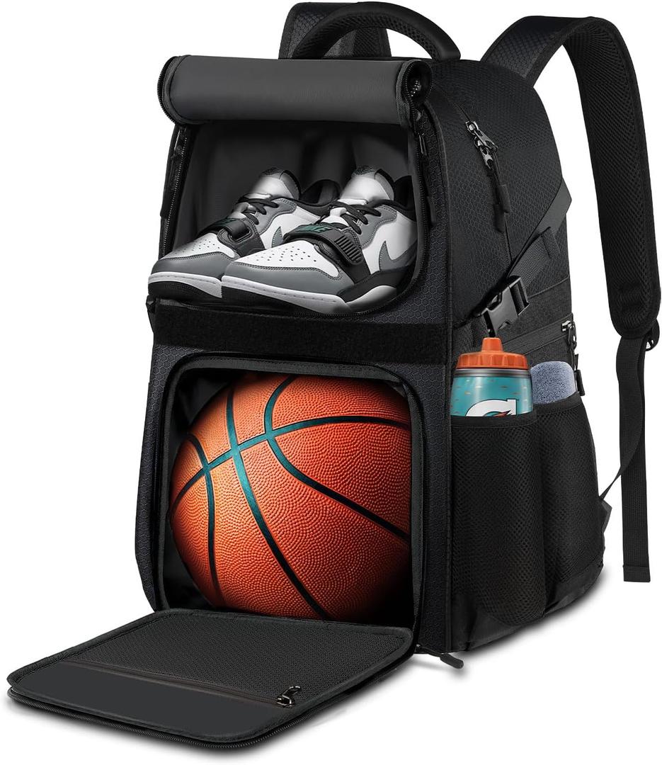 Basketball Bag Backpack with Ball Holder Shoes Compartment, Large Basketball Accessories Sports Bag (Black)