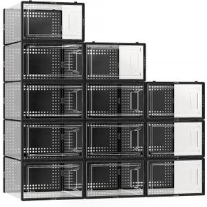 12 Pack XX Large Shoe Organizer Storage Boxes for Closet, Modular Space Saving Shoe Boxes Clear Plastic Stackable Sneaker Containers Display Case with Lids, Dark Black