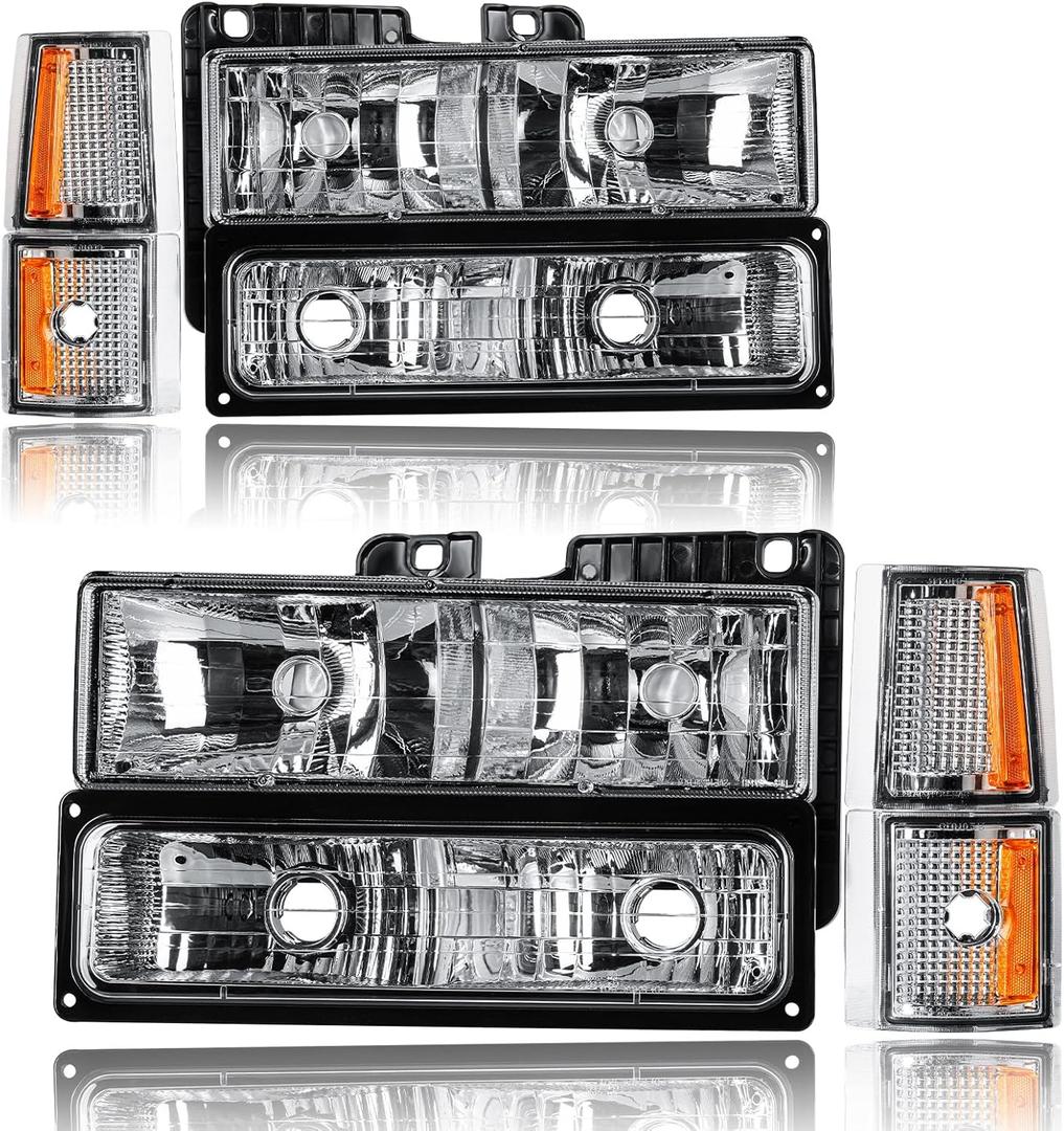 Headlights Assembly Fit 1994-1999 Chevrolet C/K 1500 2500 Suburban / C1500 C2500 C3500 K1500 K2500 K3500 / 1995-1999 Tahoe/for 1994 Chevy Blazer Chrome Housing Amber Reflector