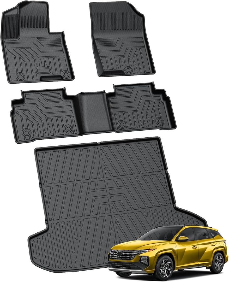 KUST Floor Mats Set for 2022-2026 Hyundai Tucson Gas (Not for Hybrid or PHEV), All Weather Floor Liners & Rear Trunk Cargo Mat for Tucson Accessories, TPE Rubber Raised Edge, 4pcs