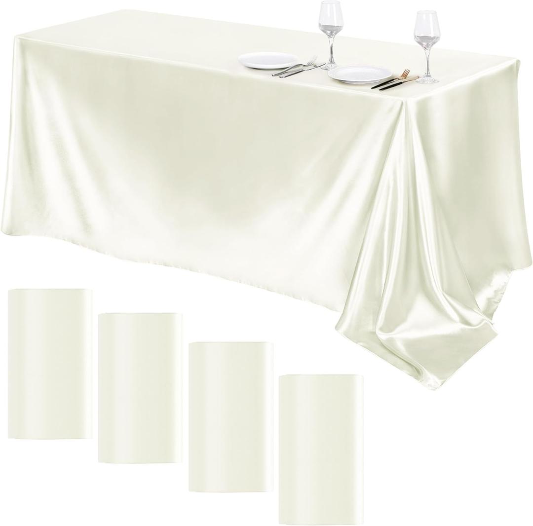 TURSTIN 4 Packs Satin Tablecloth 102 x 58 Inch Overlay Satin Table Cover Rectangle Bright Silk Tablecloth Smooth Fabric Table Decoration for Wedding Banquet Party Events, Ivory