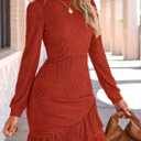 PRETTYGARDEN Women's Spring Fall Ruched Bodycon Mini Dress Long Puff Sleeve Ruffle Fitted Cocktail Party Dresses (Orange, L)