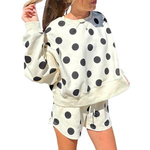 KevaMolly Womens Two Piece Lounge Sets Polka Dot Print Drop Shoulder Oversized Pullover Drawstring Shorts Set Beige M