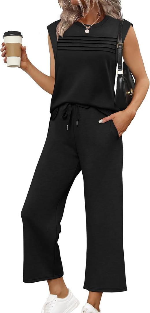 WIHOLL Two Piece Sets for Women Summer Spring Lounge Sets Travel Vacation Outfits Cap Sleeve Side Slit Wide Leg Pants , Large