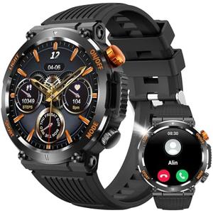 Military Smart Watch for Men Answer/Make Call, Outdoor Waterproof Tactical Sports Smartwatch with LED Flashlight Compass, Heart Rate Sleep Monitor Fitness Tracker Watches for iPhone Android Phone