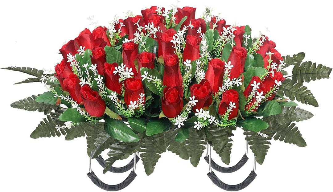 Artificial Cemetery Flowers for Grave,Headstone Flower Saddle for Grave Tombstone Decorations (Red)