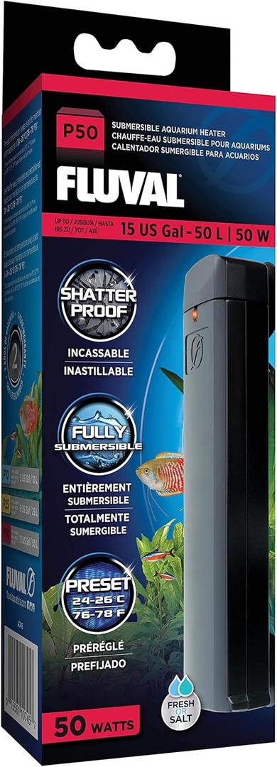 Fluval P50 Submersible Aquarium Heater 50W, Preset 76-78F for Freshwater & Saltwater Tanks up to 15 Gal, Shatterproof, Fully Submersible, LED Indicator, Durable & Safe Fish Tank Heater